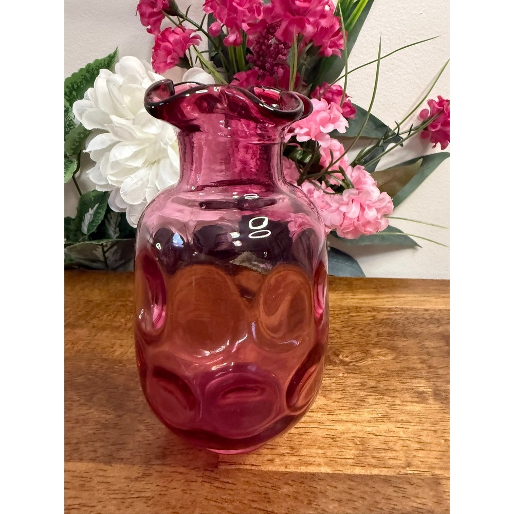 Vintage Cranberry Glass Vase Ruffled Rim Coin Dot Thumbprint Pattern MCM Blown‎
